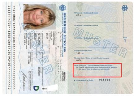 Eintragsort für „Dr.“ im Reisepass